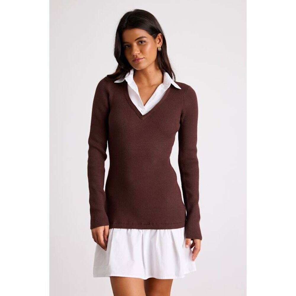 Lulus Helenia Brown And White Mixed-media Long Sleeve Mini Dress - Size S